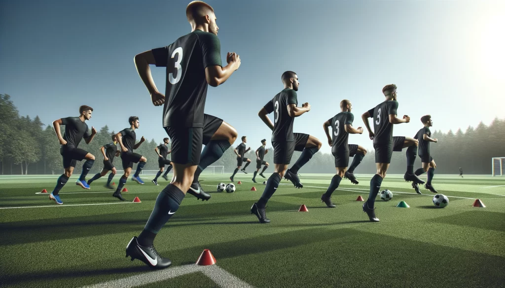 Football players engaged in aerobic fitness training