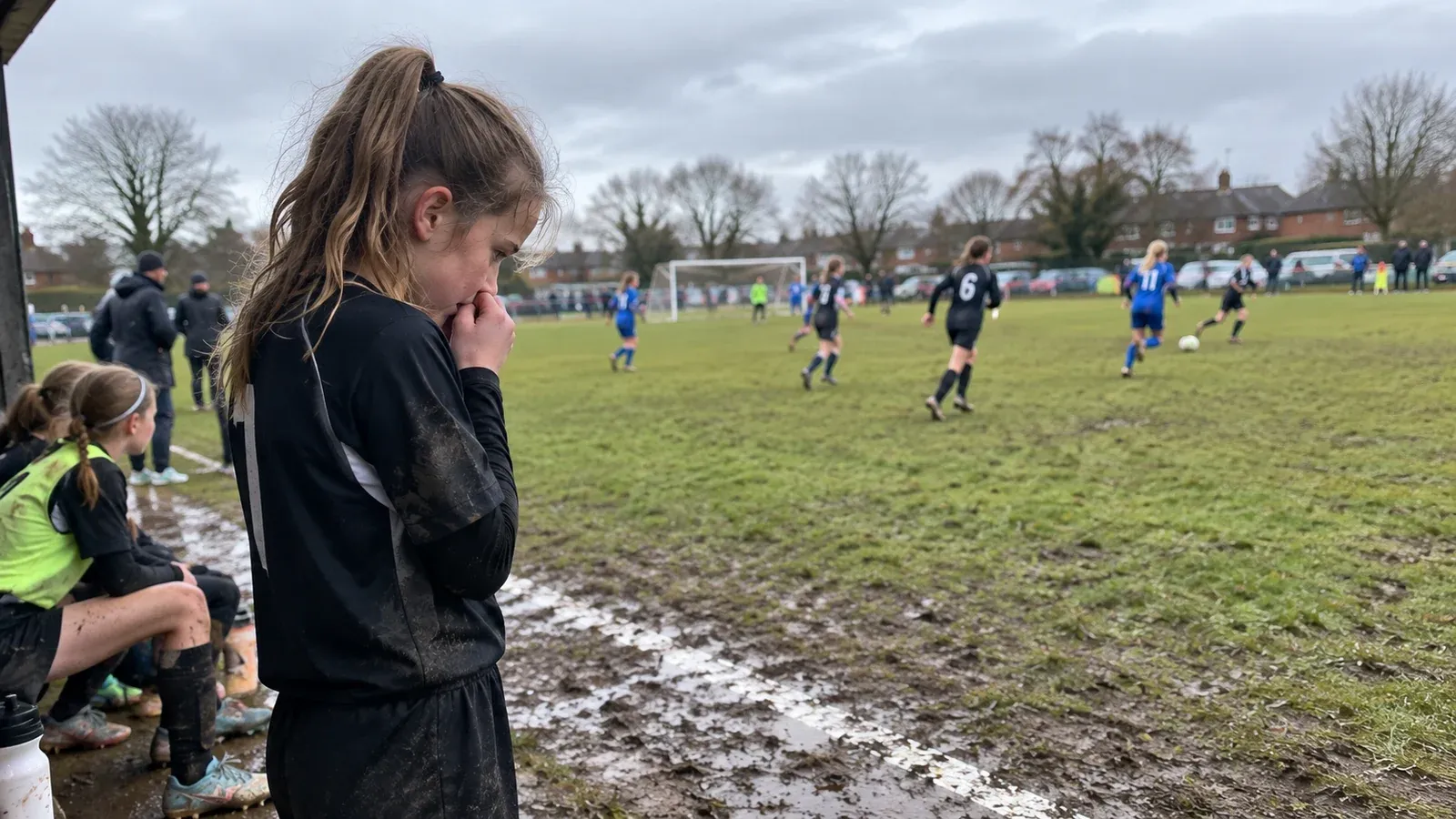 Young football player hesitating on the touchline while a youth match continues.