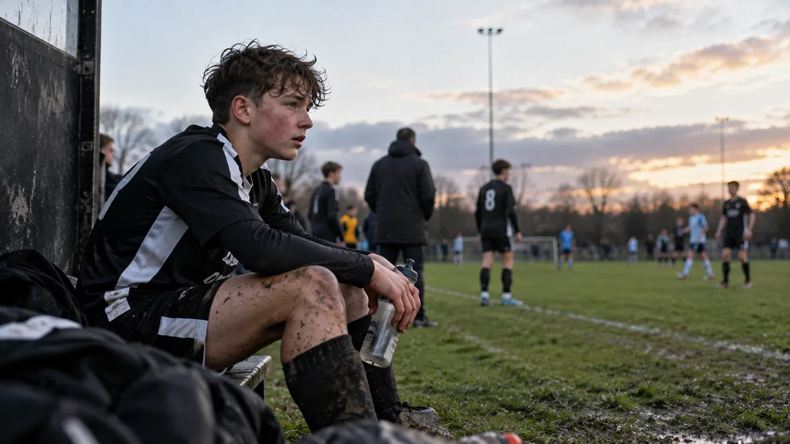 Teenage football player sitting on the sideline watching a match