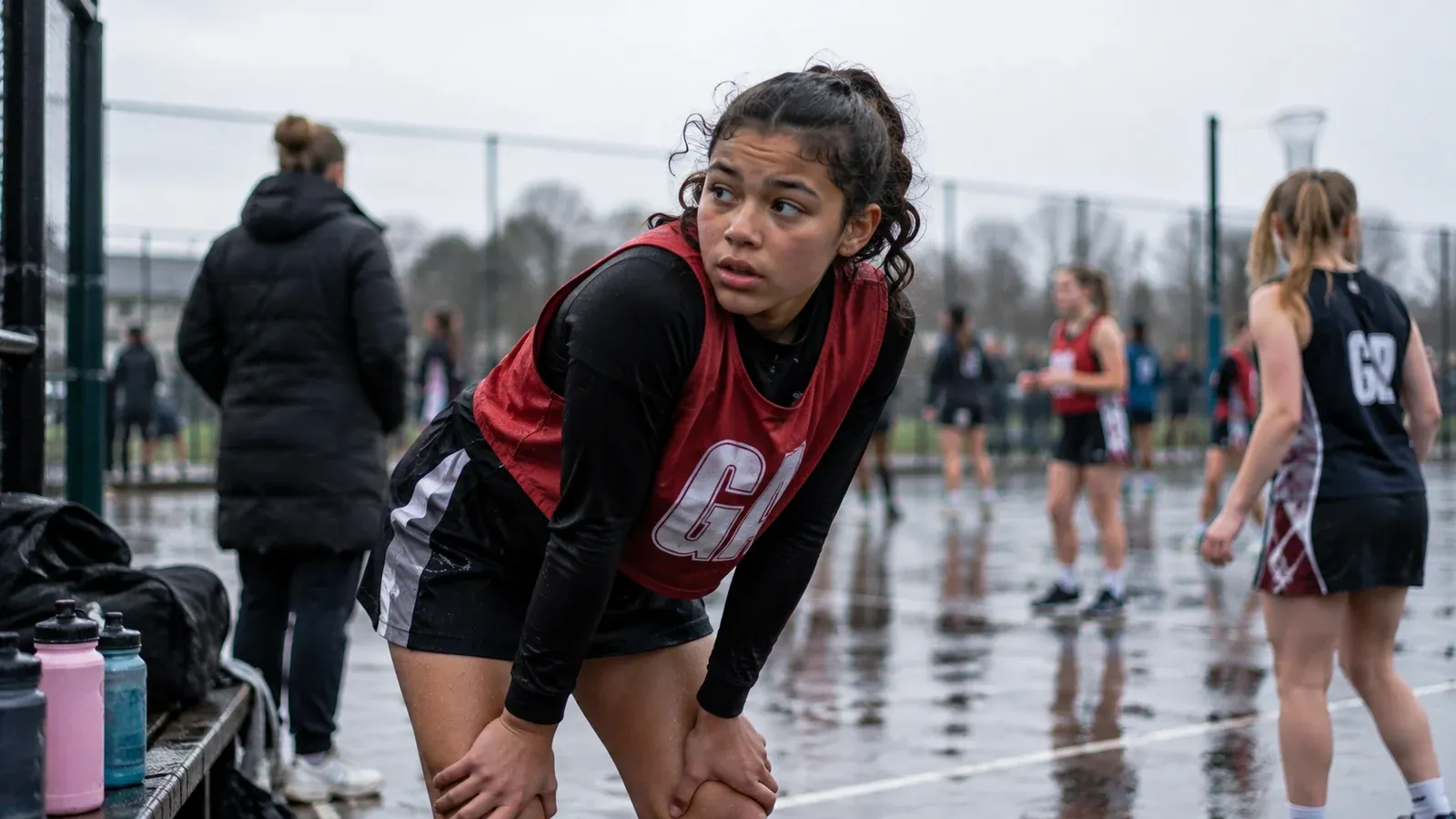 Young netball player taking a break during a rainy outdoor match