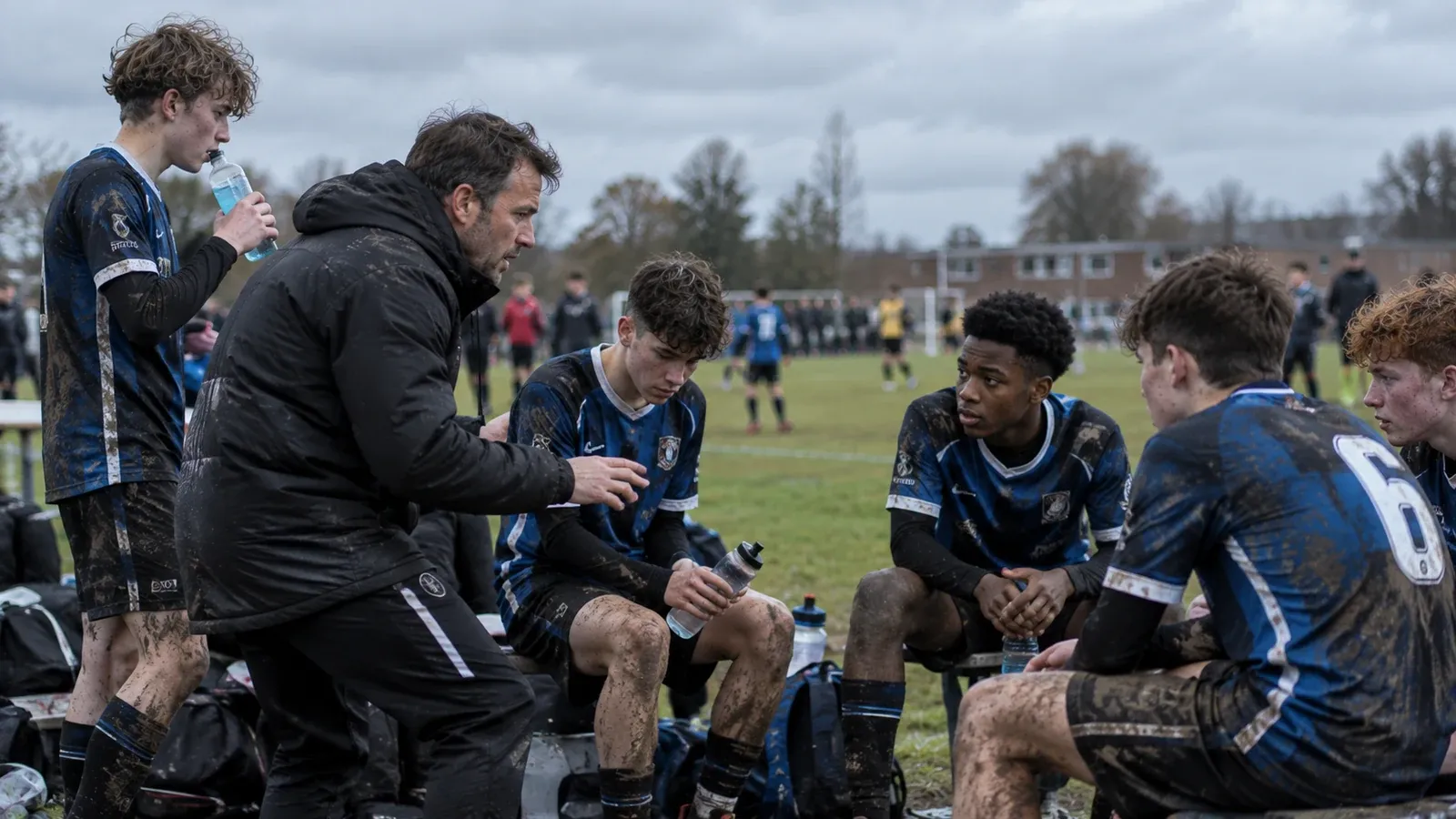 Young players listening to their coach during a break in competition