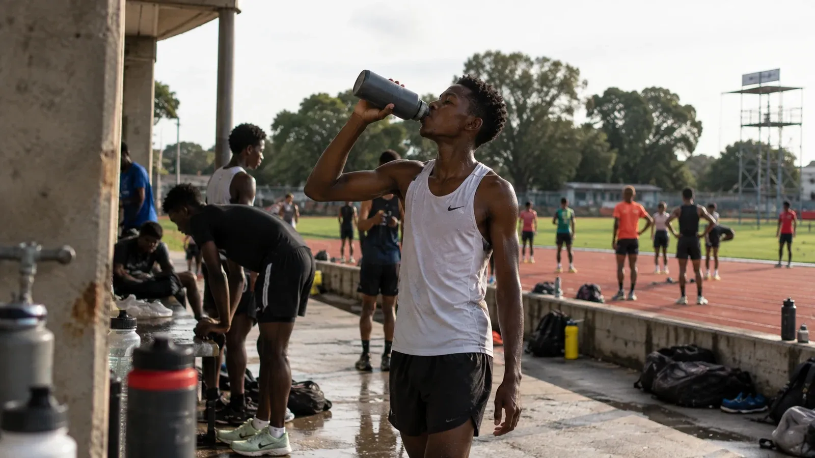 Young athletics player drinking water during training
