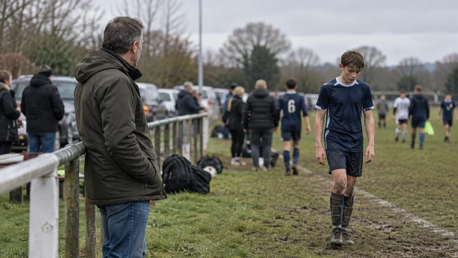 A parent watches a teenage football player walk away after a community match