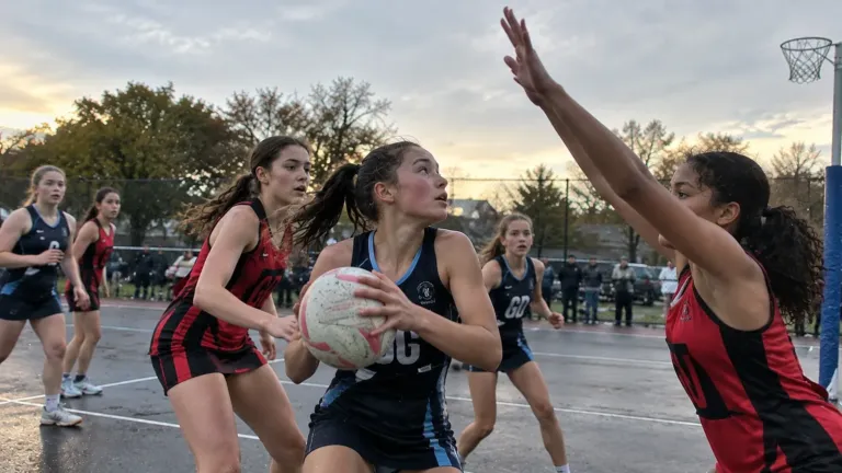 Young netball players competing for the ball during an outdoor match