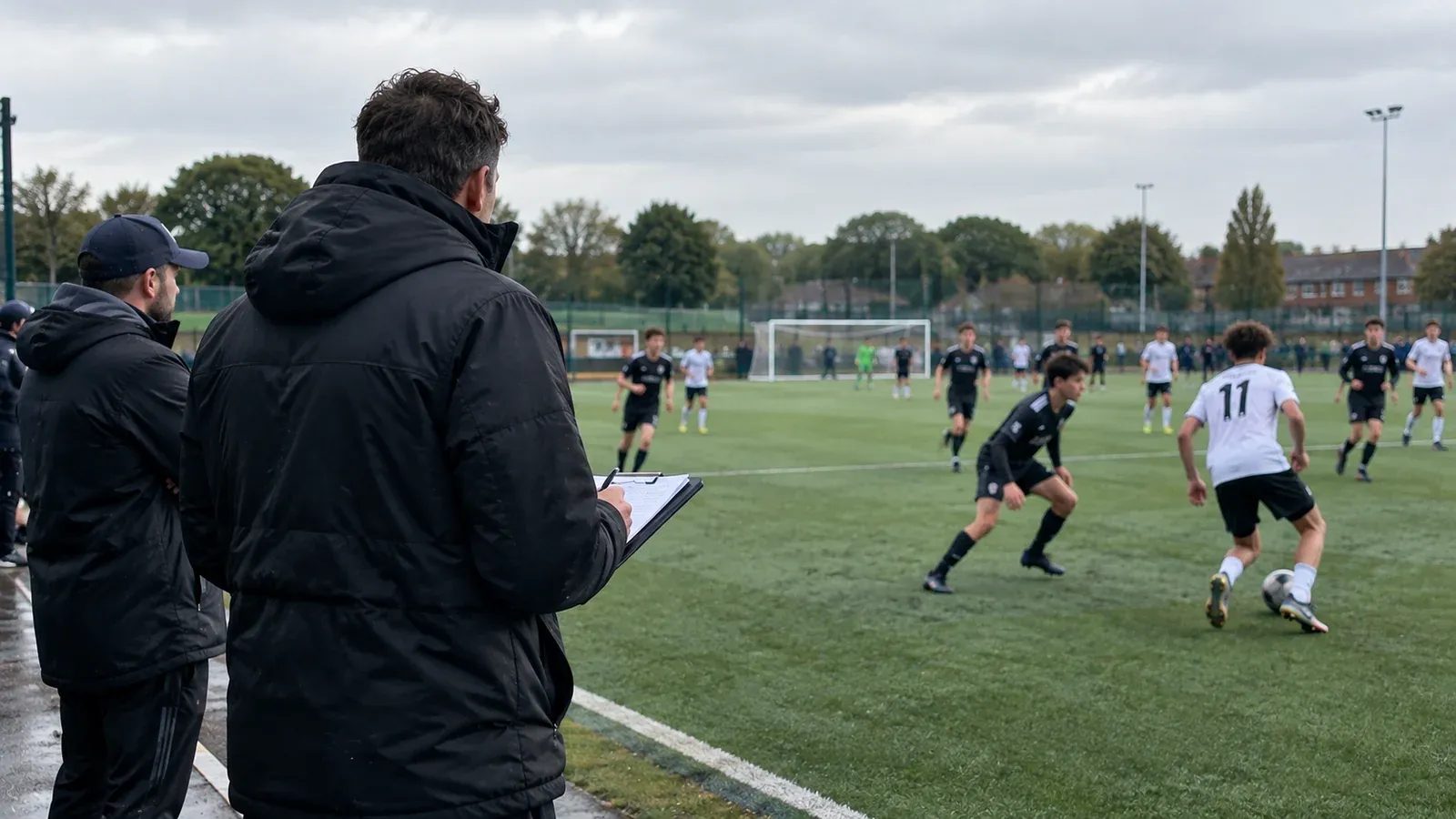 Coach taking notes while watching young football players compete on an outdoor pitch