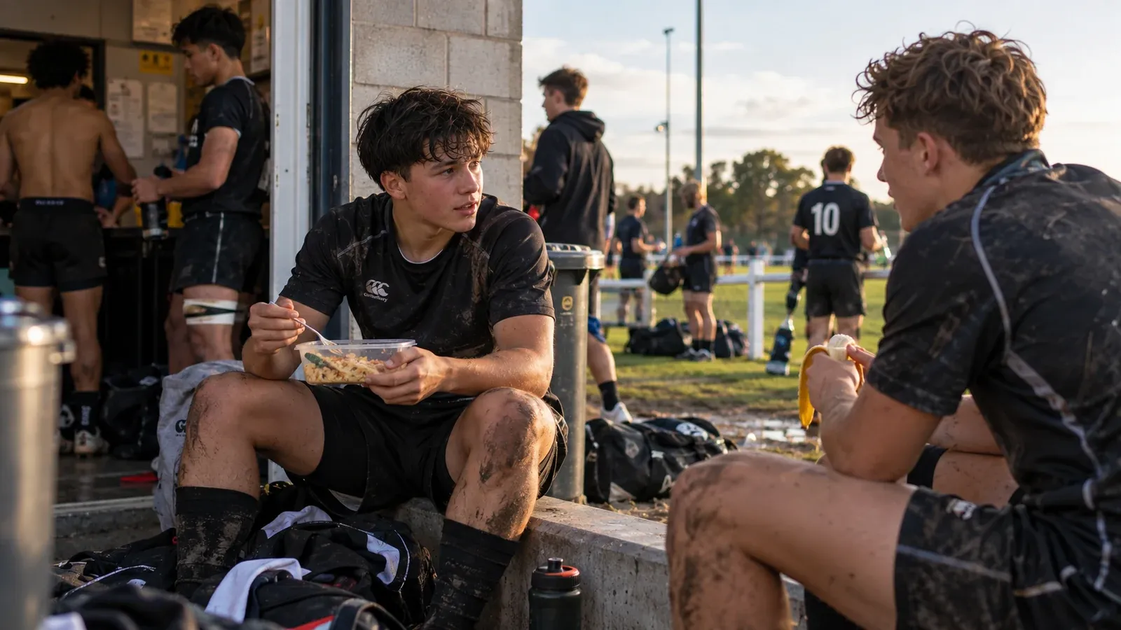 Young rugby player eating after training