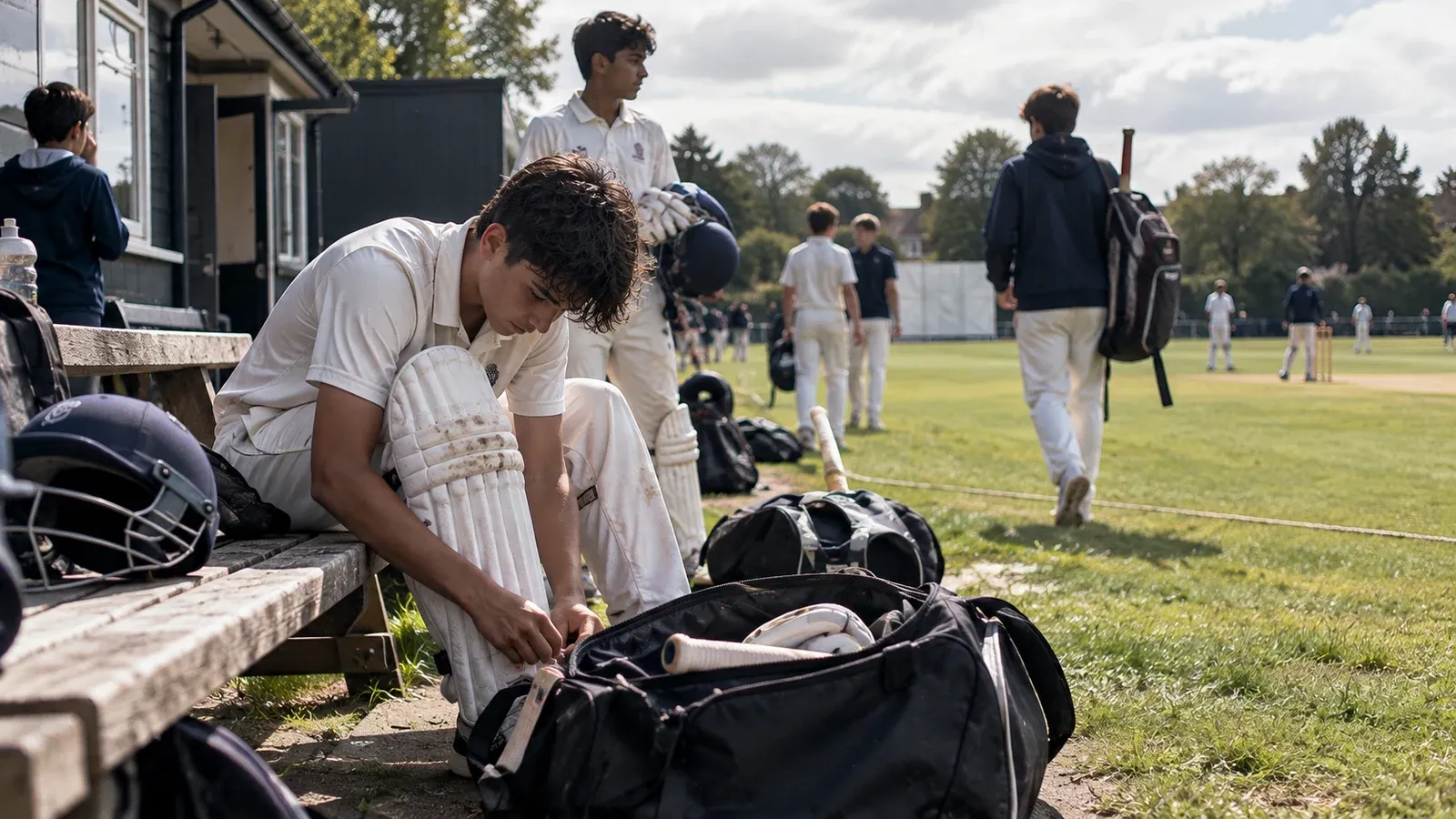Young cricket player preparing his equipment beside the pavilion before a selection session