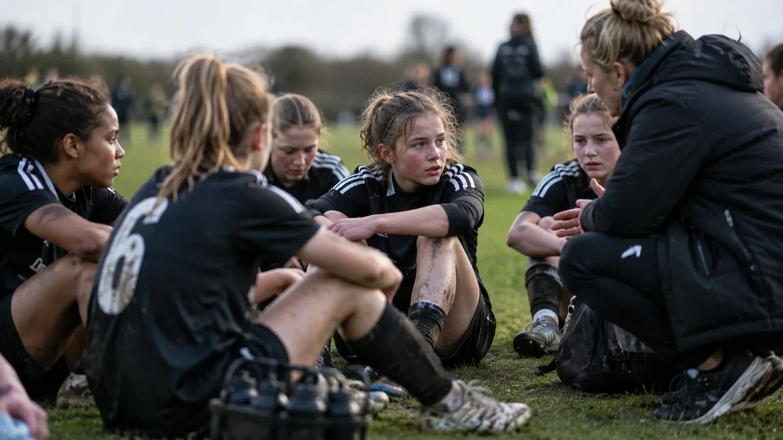 Young football players listening to their coach during a break in training